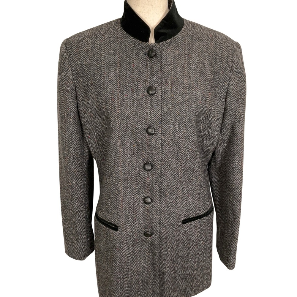 International Scene Jacket‎ Women 10 Black Multicolor Herringbone Velvet Trim